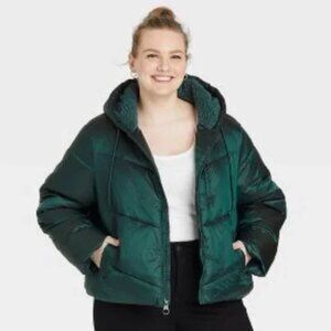 Ava & Viv Winter Coat Puffer Jacket Short 2X Plus Hood Sherpa Full Zip Teal Cozy